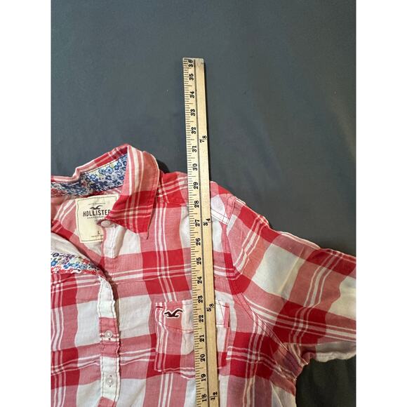 Hollister Women’s Plaid Button Down Tunic Shirt Red White Long Sleeve Size L - Picture 7 of 8